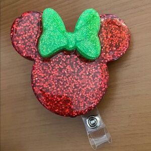 Red Glitter Minnie Mouse Badge Reel